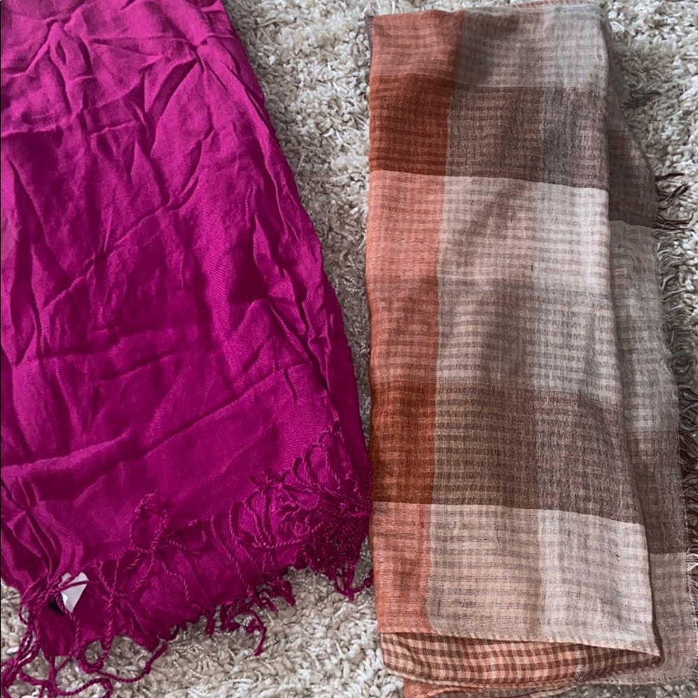 Two regular scarves —pink and one with orange/tan